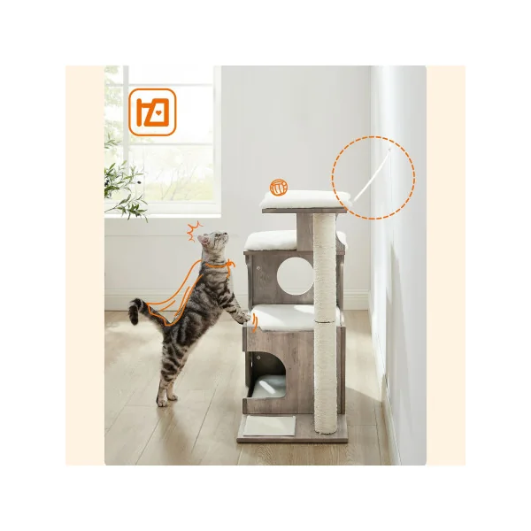 Arbre à chat 86 cm Grège et Blanc 3 Plate-formes et 1 Grotte Placage Bois