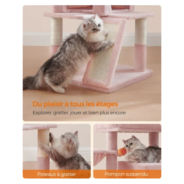 Arbre à Chat 96 cm avec Niche Grattoir Plate-Forme Rose Bonbon