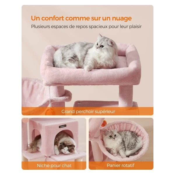 Arbre à Chat 96 cm avec Niche Grattoir Plate-Forme Rose Bonbon