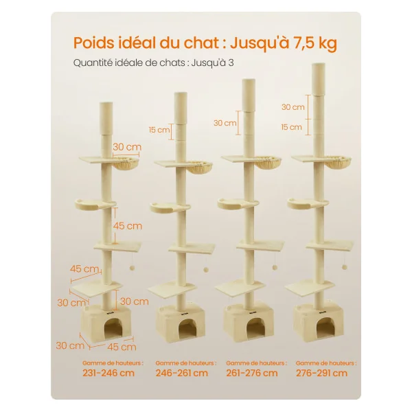 Arbre à Chat Beige Réglable du Sol au Plafond 231-291 cm Beige