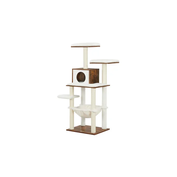 Arbre à Chat Blanc et Marron Rustique 138 cm Tour de Jeux Chaton avec Niche