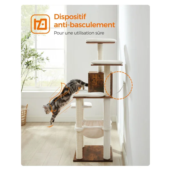 Arbre à Chat Blanc et Marron Rustique 138 cm Tour de Jeux Chaton avec Niche