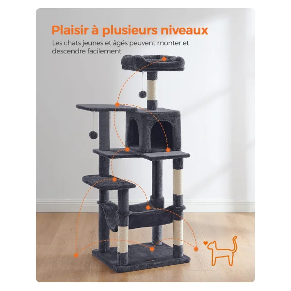 Arbre à Chat Gris Anthracite 143 cm Tour de Jeu Félins avec Niche Hamac Plate forme