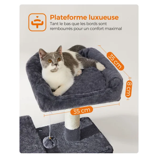Arbre à Chat Gris Anthracite 143 cm Tour de Jeu Félins avec Niche Hamac Plate forme