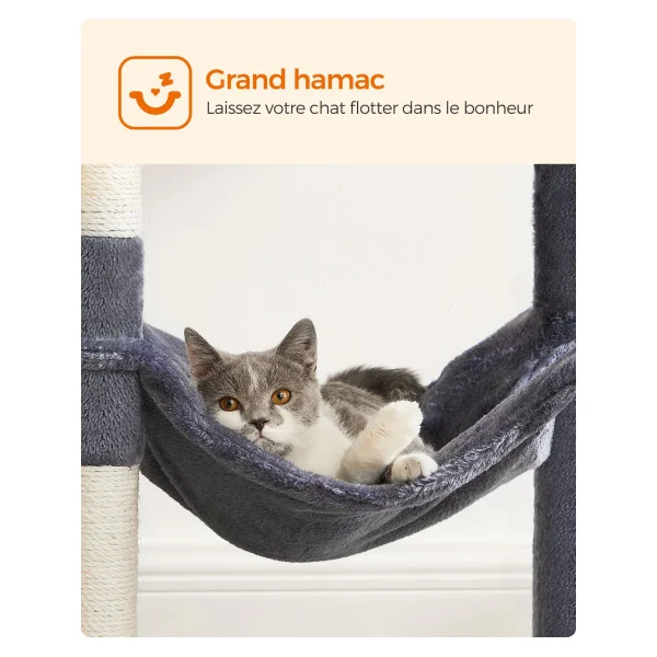 Arbre à Chat Gris Anthracite 143 cm Tour de Jeu Félins avec Niche Hamac Plate forme