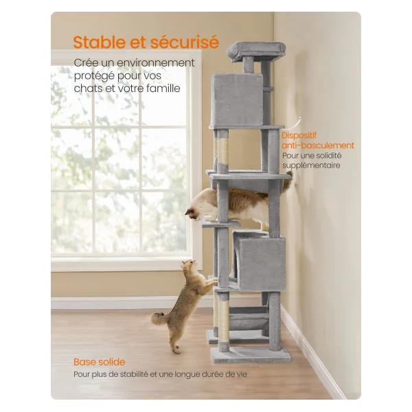 Arbre à Chat Multi-Niveaux de 201 cm Taille XXL Système Anti-basculement Gris Clair
