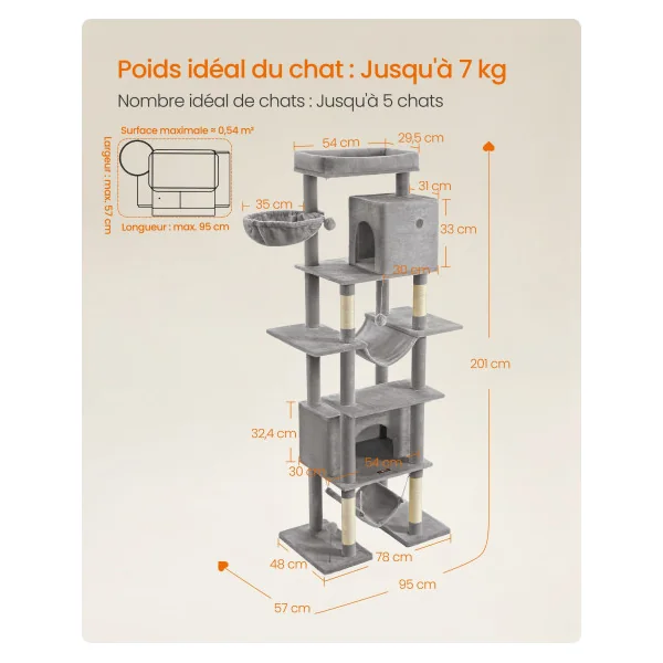 Arbre à Chat Multi-Niveaux de 201 cm Taille XXL Système Anti-basculement Gris Clair
