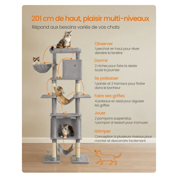 Arbre à Chat Multi-Niveaux de 201 cm Taille XXL Système Anti-basculement Gris Clair