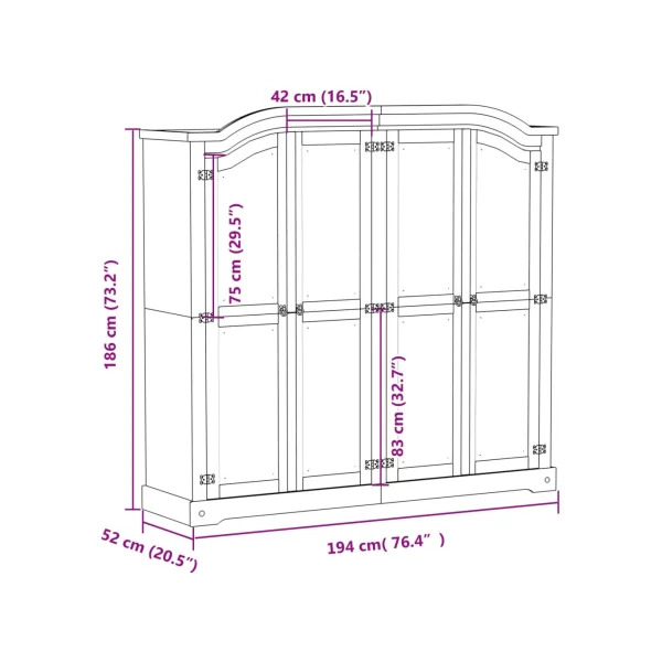 Armoire 4 portes Pin Massif avec Penderie Garde-robe Chambre 186 cm