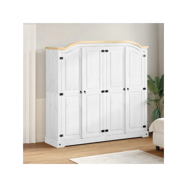 Armoire 4 portes Pin Massif Blanc avec Penderie Garde-robe Chambre 186 cm