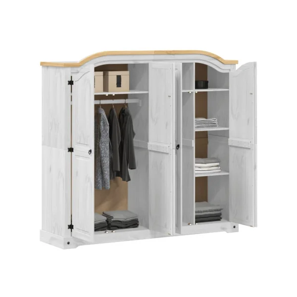 Armoire 4 portes Pin Massif Blanc avec Penderie Garde-robe Chambre 186 cm