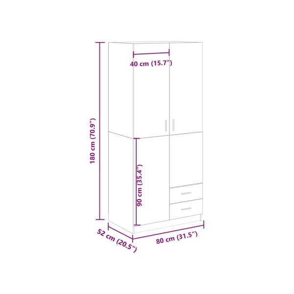 Armoire avec Penderie 2 portes 2 Tiroirs Chêne 180 cm