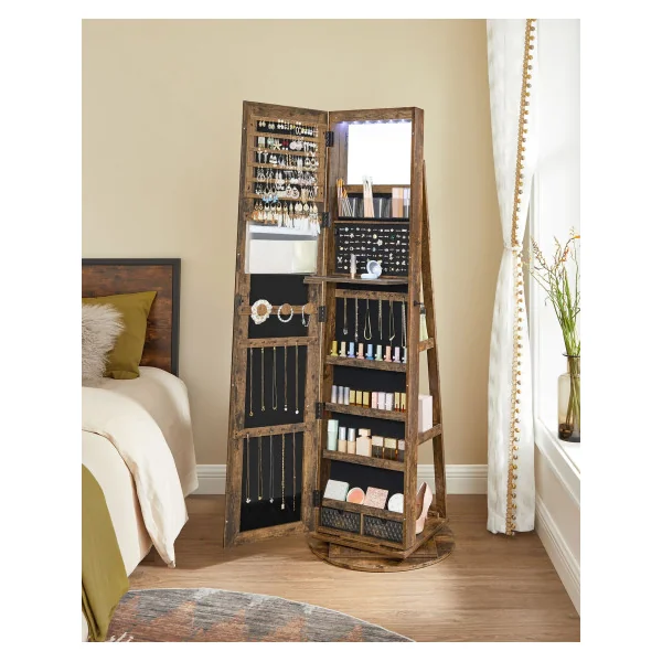 Armoire Bijoux Miroir 6 LED en Brun Rustique et Noir Rangement Bijoux