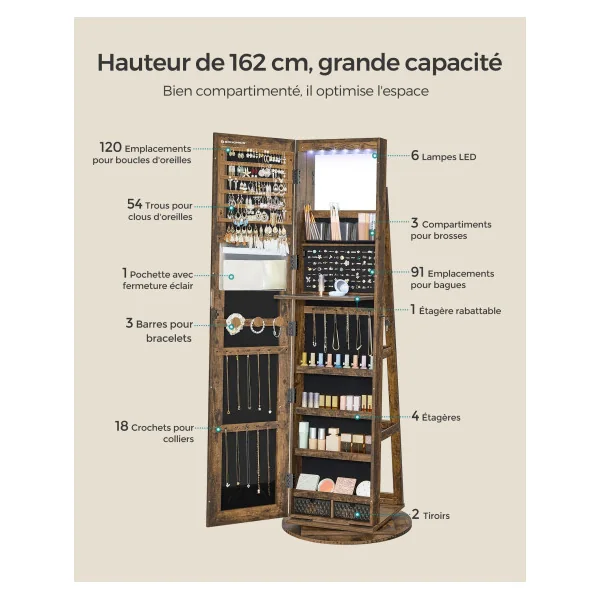 Armoire Bijoux Miroir 6 LED en Brun Rustique et Noir Rangement Bijoux