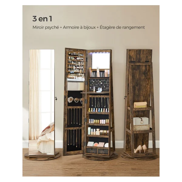 Armoire Bijoux Miroir 6 LED en Brun Rustique et Noir Rangement Bijoux