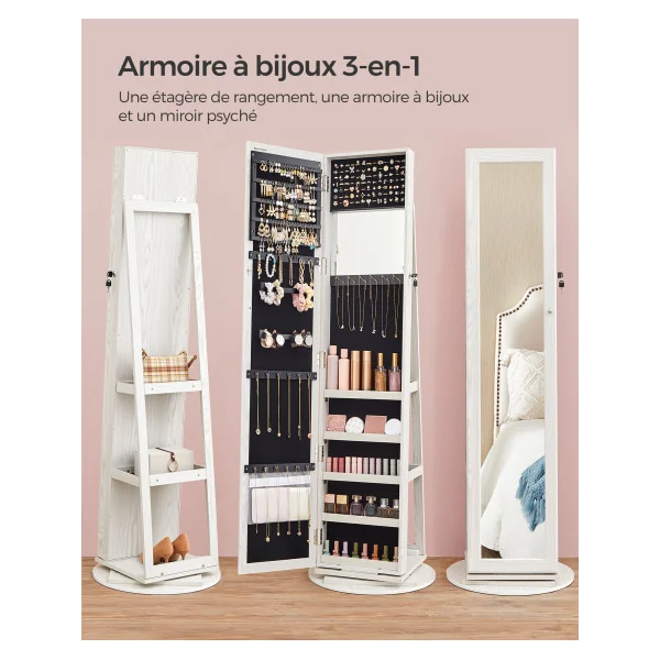 Armoire Bijoux Pivotante 360° Blanc Boisé Grand Miroir Organisateur de Bijoux