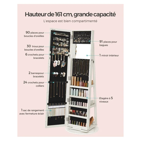 Armoire Bijoux Pivotante 360° Blanc Boisé Grand Miroir Organisateur de Bijoux