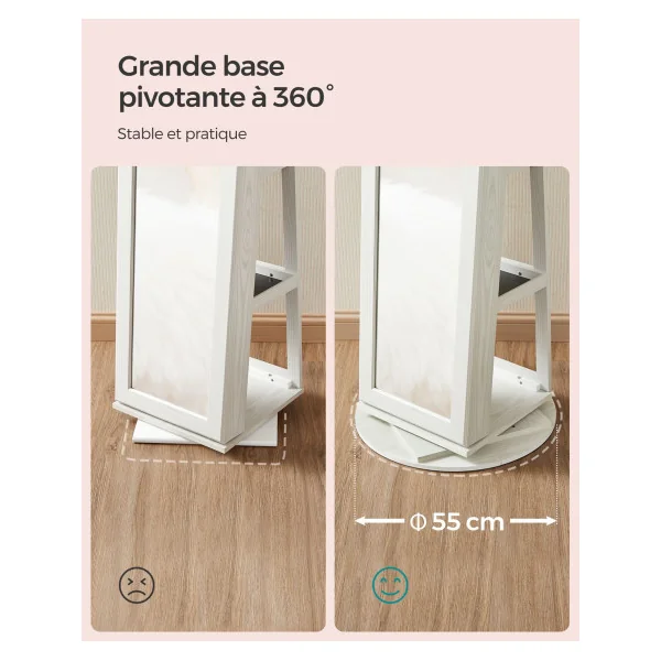 Armoire Bijoux Pivotante 360° Blanc Boisé Grand Miroir Organisateur de Bijoux