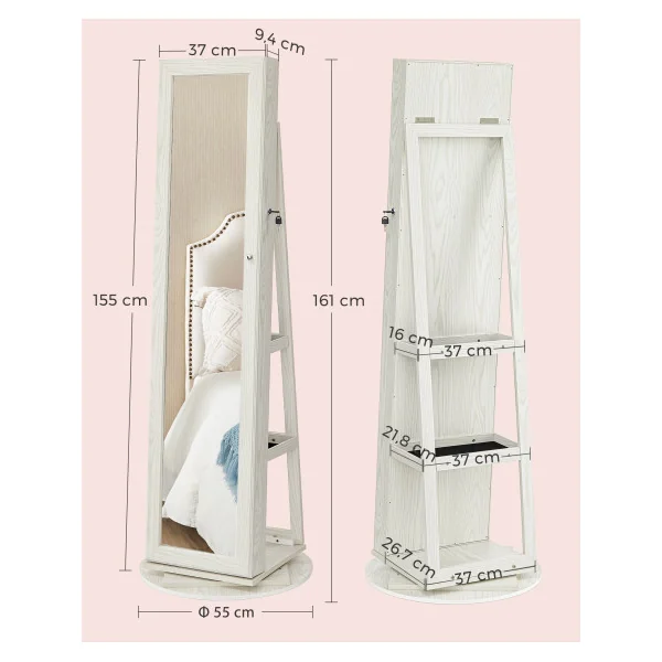 Armoire Bijoux Pivotante 360° Blanc Boisé Grand Miroir Organisateur de Bijoux