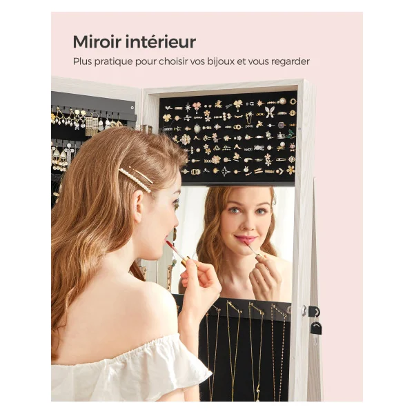 Armoire Bijoux Pivotante 360° Blanc Boisé Grand Miroir Organisateur de Bijoux