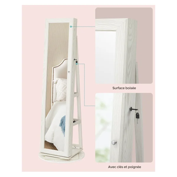 Armoire Bijoux Pivotante 360° Blanc Boisé Grand Miroir Organisateur de Bijoux