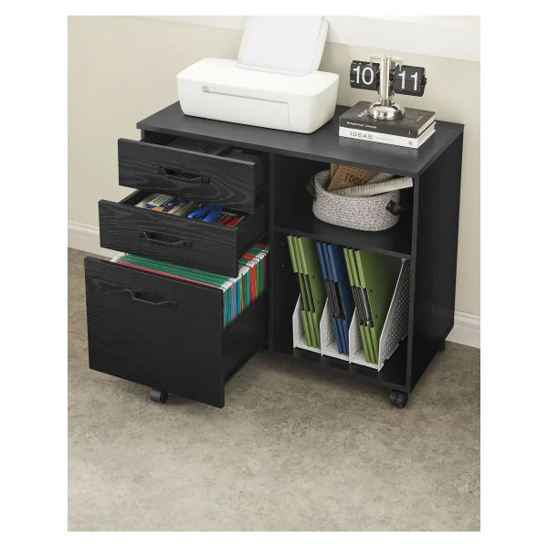 Armoire de Bureau à Fichiers Caisson de Bureau Mobile avec 3 Tiroirs Noir Boisé