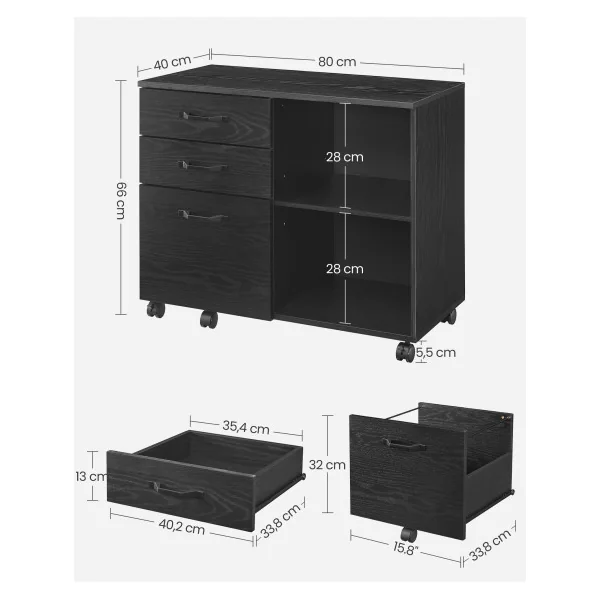 Armoire de Bureau à Fichiers Caisson de Bureau Mobile avec 3 Tiroirs Noir Boisé