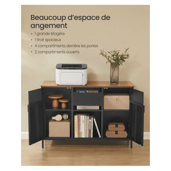 Armoire de Rangement Métal Marron Rustique Noir Placard à Double Portes Buffet Salon