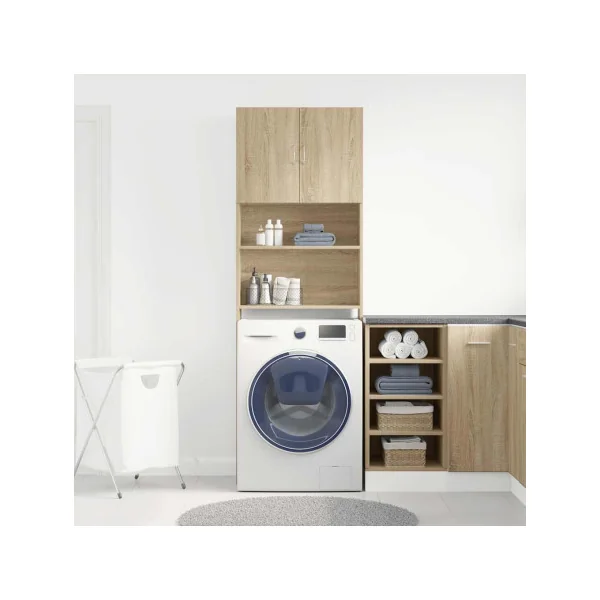 Armoire Machine à Laver Chêne Meuble Sèche Linge Rangement Salle de Bain Gain de Place