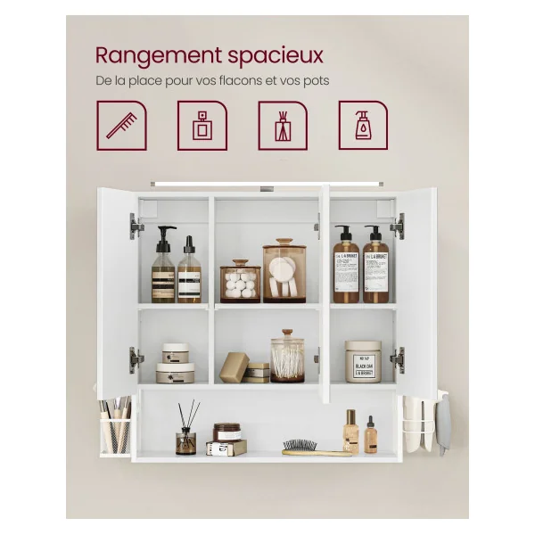 Armoire Murale Blanche avec Miroir 3 Portes Lampe LED Meuble de Salle de Bain