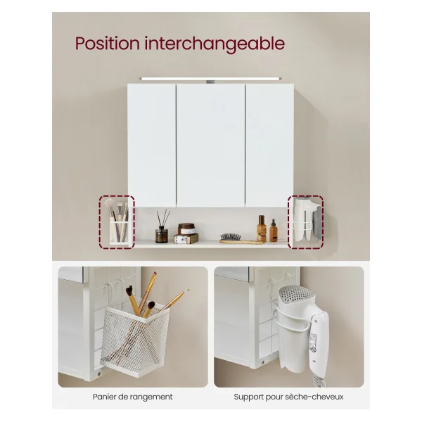 Armoire Murale Blanche avec Miroir 3 Portes Lampe LED Meuble de Salle de Bain
