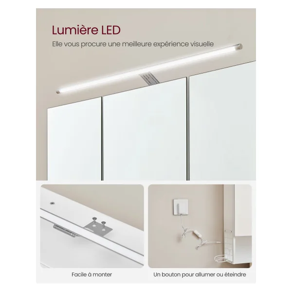Armoire Murale Blanche avec Miroir 3 Portes Lampe LED Meuble de Salle de Bain