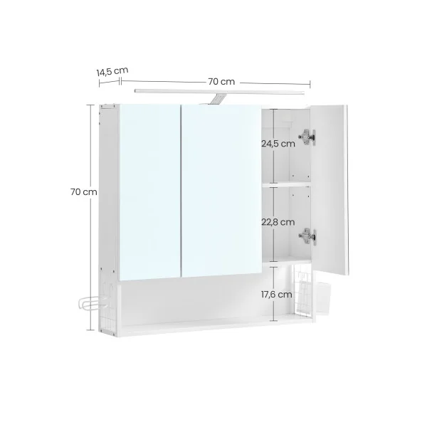 Armoire Murale Blanche avec Miroir 3 Portes Lampe LED Meuble de Salle de Bain