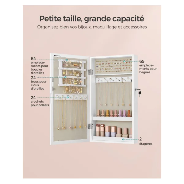 Armoire Murale Blanche à Bijoux avec Miroir