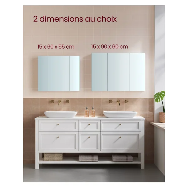 Armoire Murale Salle de Bain Blanc Placard avec Miroir Meuble de Rangement 3 Portes