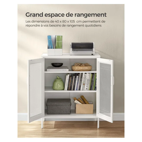 Armoire Métallique avec Portes Maille Grillagées Blanc Meuble Rangement 3 Niveaux