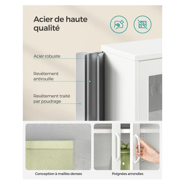 Armoire Métallique avec Portes Maille Grillagées Blanc Meuble Rangement 3 Niveaux