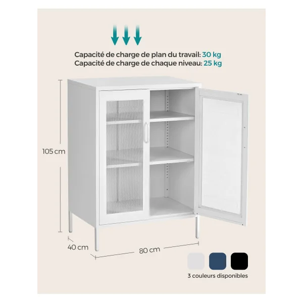 Armoire Métallique avec Portes Maille Grillagées Blanc Meuble Rangement 3 Niveaux