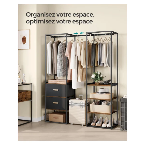 Armoire Ouverte 2 Tiroirs Placard Porte-Vêtements Penderie 2 Tiroirs et 4 Etagères Marron Rustique Noir