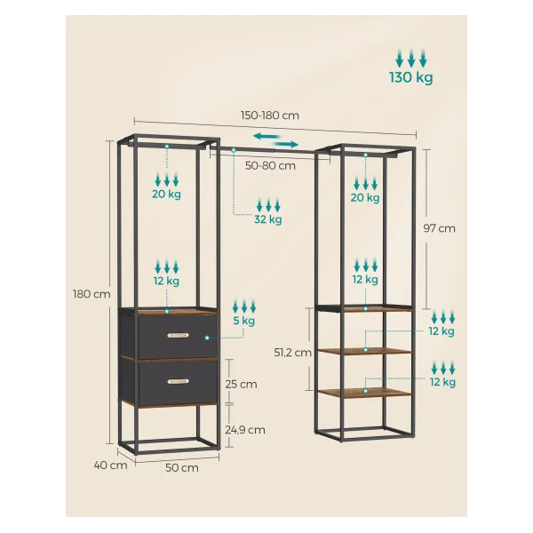 Armoire Ouverte 2 Tiroirs Placard Porte-Vêtements Penderie 2 Tiroirs et 4 Etagères Marron Rustique Noir