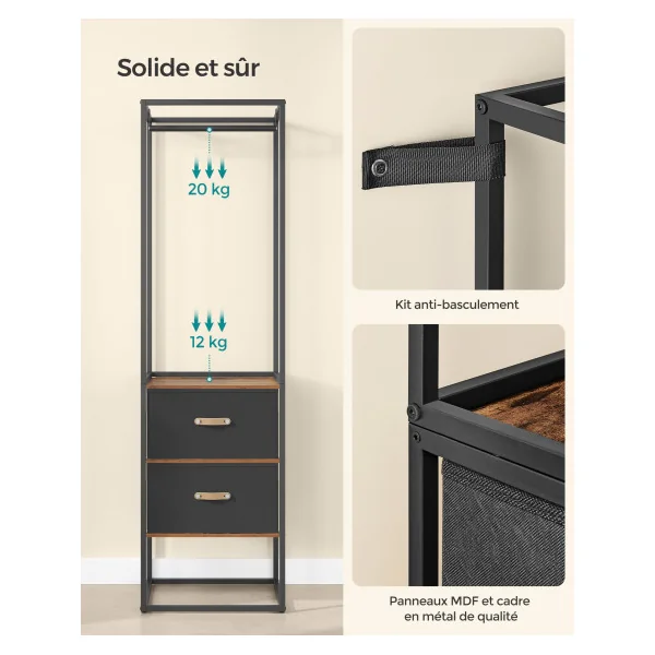 Armoire Ouverte 2 Tiroirs Placard Porte-Vêtements Penderie 2 Tiroirs et 4 Etagères Marron Rustique Noir