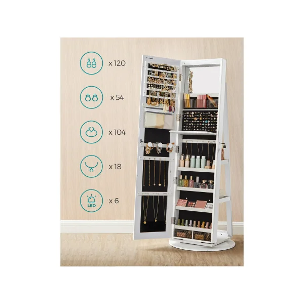 Armoire pour bijoux dotée d'un miroir et de 6 LED en blanc et noir Rangement Bijoux
