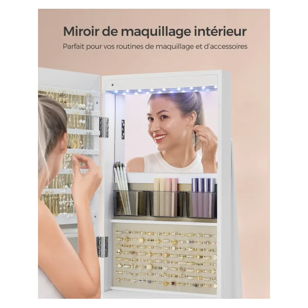 Armoire pour bijoux dotée d'un miroir et de 6 LED en blanc grège Rangement Bijoux