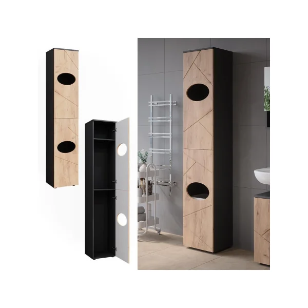 Armoire Salle de Bain Haute Anthracite Chêne Colonne Salle de Bain 2 Placards Design