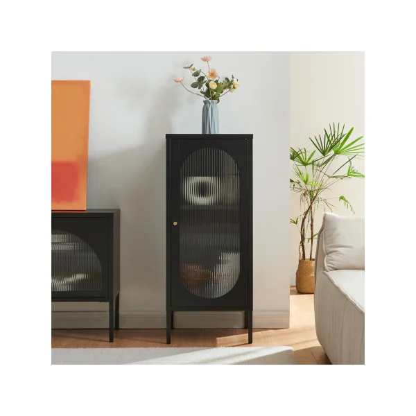 Armoire Vitrée Acier Noir Verre Strié 43 x 40 x 102 cm Meuble Rangement Moderne