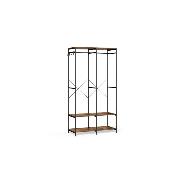 Armoire Vêtements Marron Rustique Cadre Métal Noir Penderie Métal Étagères de Rangement avec Tringle
