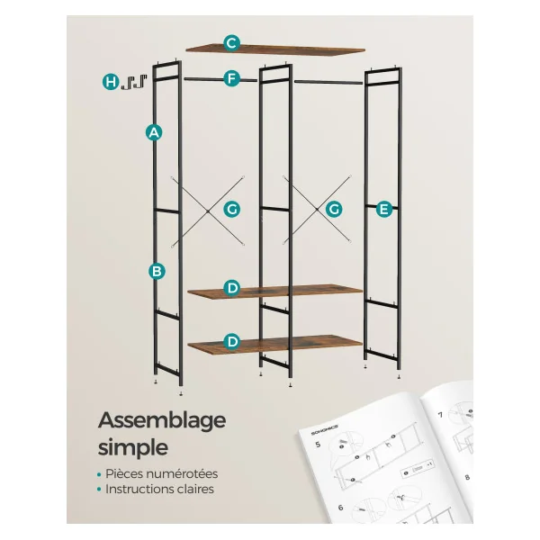 Armoire Vêtements Marron Rustique Cadre Métal Noir Penderie Métal Étagères de Rangement avec Tringle