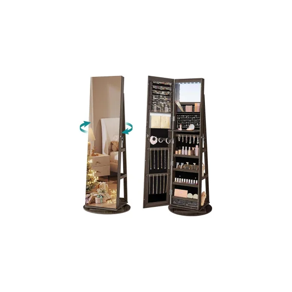 Armoire à Bijoux avec Grand Miroir sur Pieds Pivotant à 360° avec 6 LED Noir Cendré