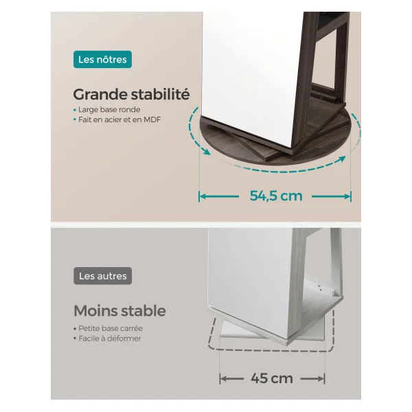 Armoire à Bijoux avec Grand Miroir sur Pieds Pivotant à 360° avec 6 LED Noir Cendré