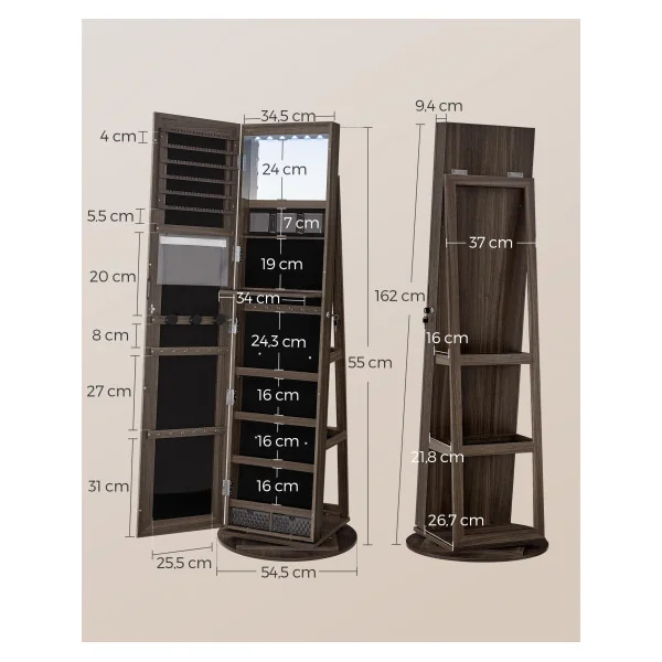 Armoire à Bijoux avec Grand Miroir sur Pieds Pivotant à 360° avec 6 LED Noir Cendré